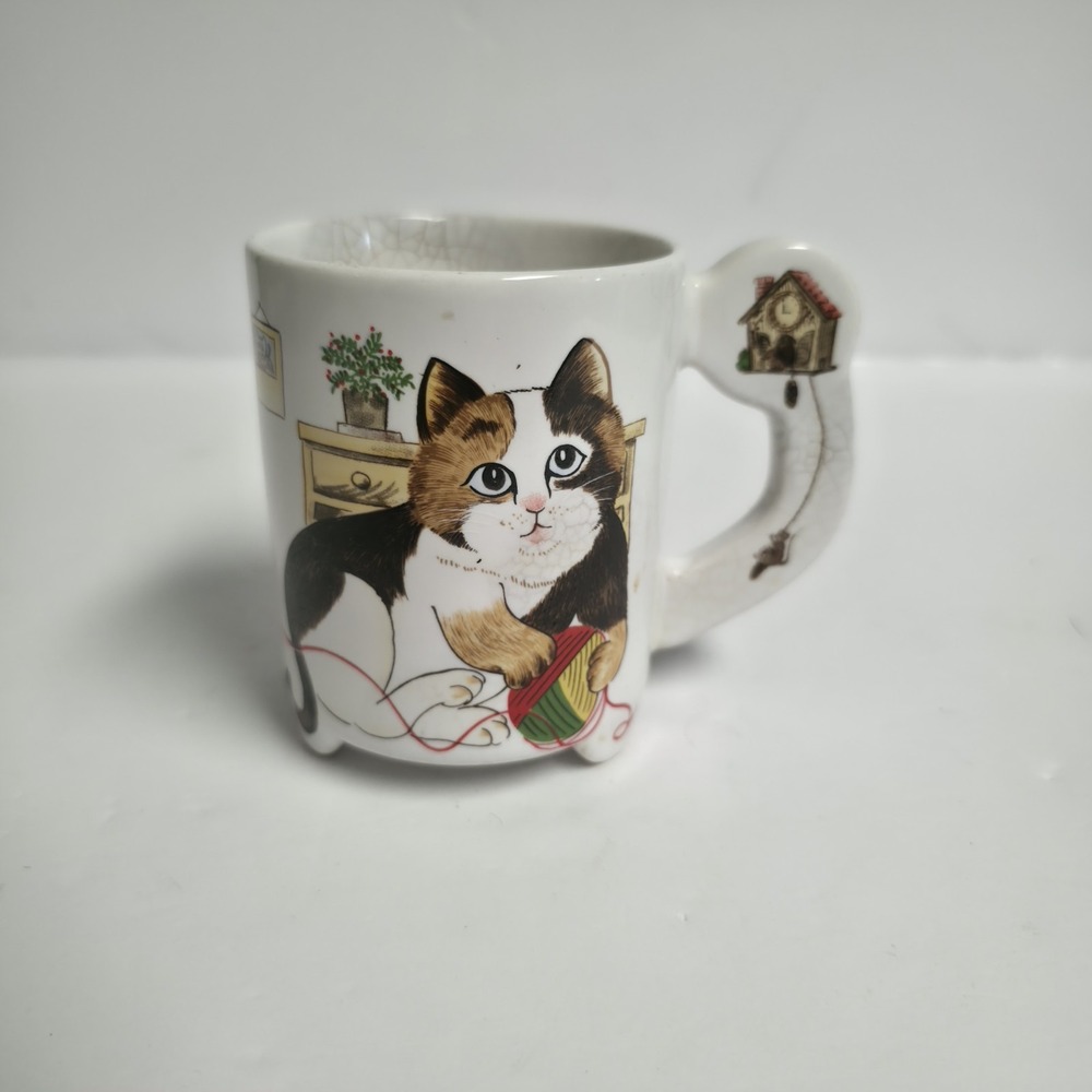 Vintage Calico Cat Mug Ceramic Footed Novelty Cuckoo Clock Handle 1980s Japan